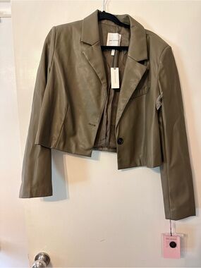Avec Les Filles Olive Green Leather Cropped Blazer
